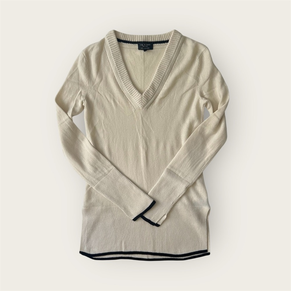 Rag & Bone 100% Cashmere Flavia V-Neck Split-Hem Sweater - Cream XS